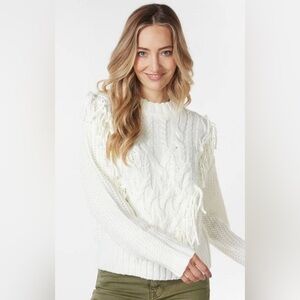 Anthropologie Elsamanda Cable Knit Fringe Cream Sweater Italy Medium